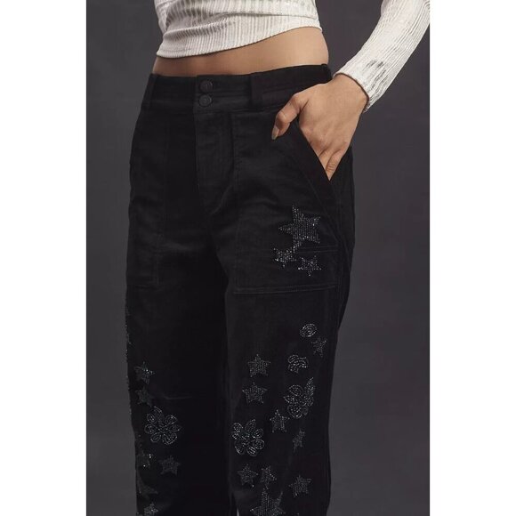 Pilcro the Wonderer Black Velvet Relaxed Leg Decorated Edition Pants 32Tall - Picture 3 of 5
